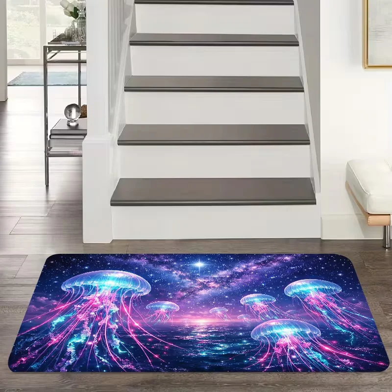 Neon Glowing Jellyfish Deep Sea Print Doormat Anti Slip Floor Mat Fantasy Ocean Style Front Door Mat Indoor Entryway Rug