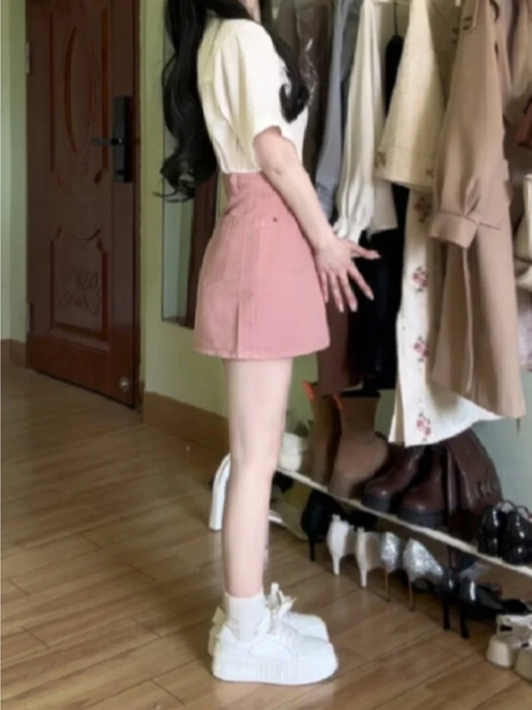 

Pink Spicy Girl Denim Skirt High Waist Bodycon Women's plus Size Hiding Hip Anti-Light A-Line ort Skirt Autumn