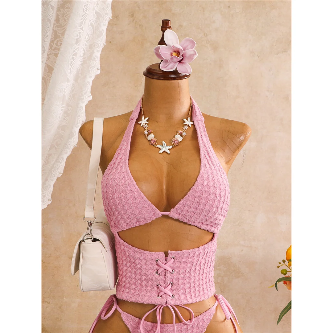 Tankini mit Schnürung, Neckholder-Bikini, Damen-Badeanzug, zweiteiliges Bikini-Set, Badeanzug mit hohem Beinausschnitt, Badebekleidung, Schwimmanzug V8340 – Detail 18