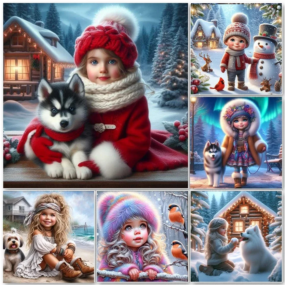 5d Diamond Painting Snow Girl Husky Dog Mosaic Needlework Full Drill Christmas Scenery Gift Embroidery Sale Wall Decor Crafts