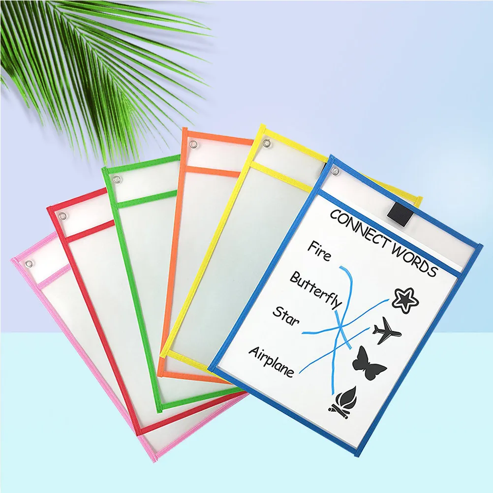 12Pcs Reusable Dry Erase File Pockets Sturdy PVC Clear Pockets with Marker Pen Holder Corner Metal Grommet for Classroom Home