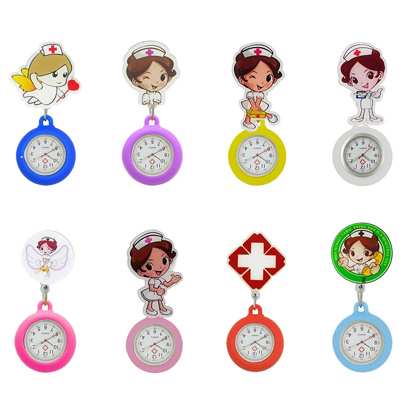 Yijia Cartoon Intrekbare Badge Reel Medische Zakhorloge Voor Verpleegkundige Met Kleurrijke Rubber Case En Lichtgevende Pointer