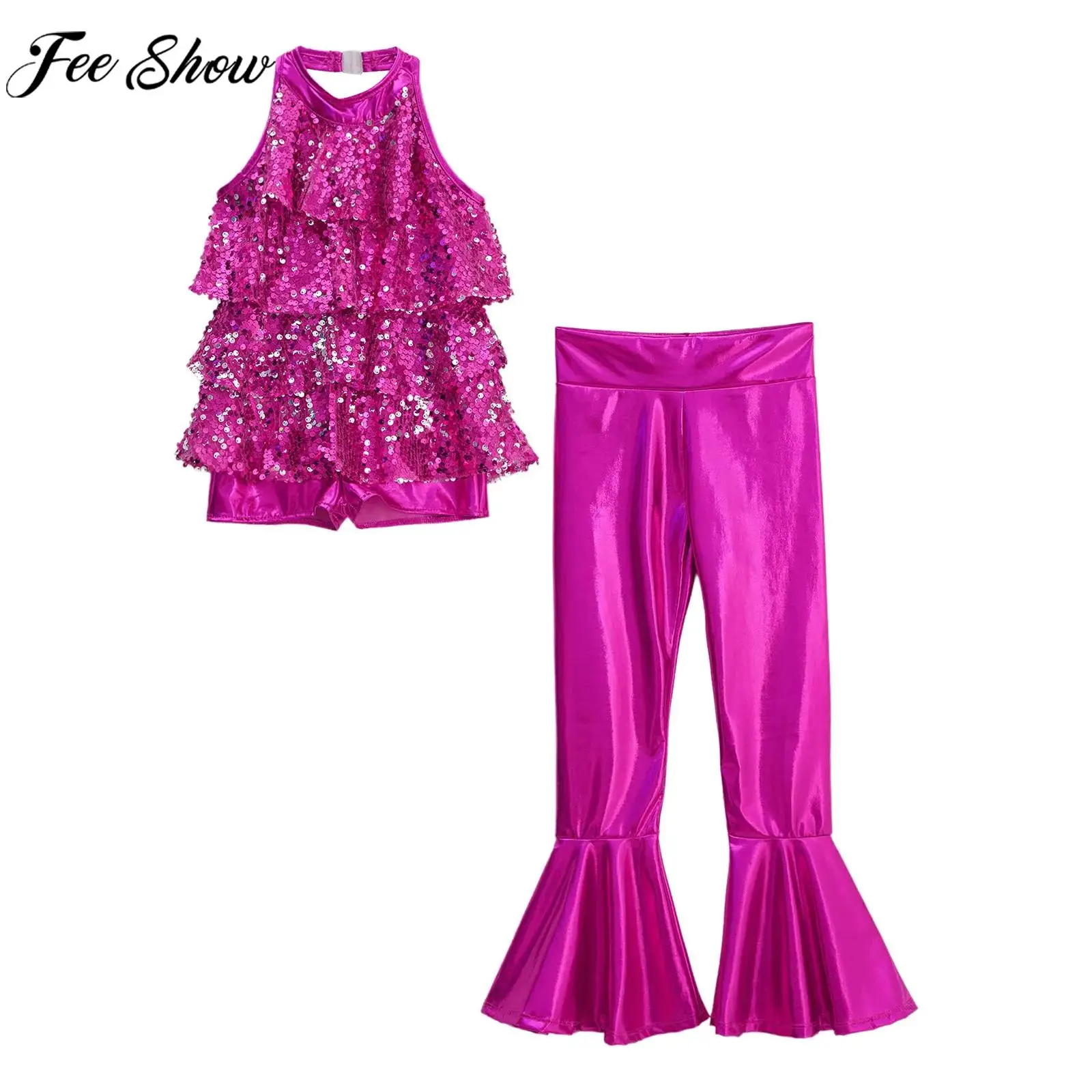 

Kids Girls Shiny Jazz Dance Ballet Gymnastics Performance Costume Halter Sequin Leotard Dress with Metallic Bell-bottom Pants