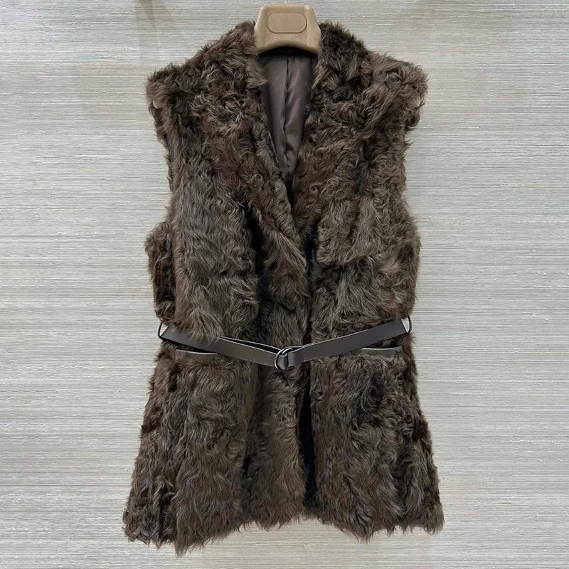 

Высококачественный осенне-зимний женский жилет средней длины из овчины с поясом из натуральной кожи, роскошное пальто 251020128