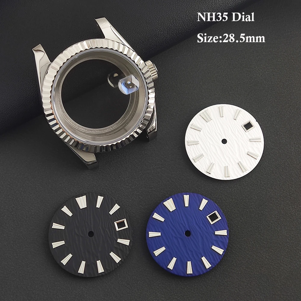

Циферблат NH35 28,5 мм с индивидуальным логотипом, вертикальным волнообразным узором, аксессуары для часов, совместимые с механизмами NH35/NH36. ﻿