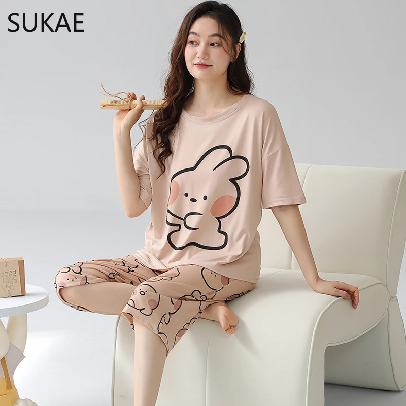 SUKAE M-6XL Big Size Nightwear Calf-length O-Neck Sleepwear Women Faux Cotton Capris Pajama Pijamas for Woman Lady Pajamas Set