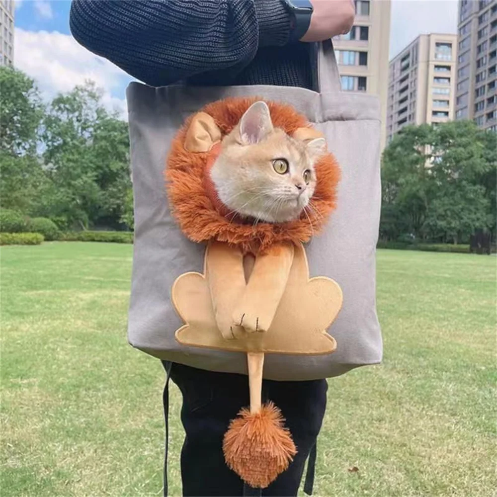 Pet Canvas Shoulder Bag Lion Shaped Cute Cat Carrier Portable Shoulder Carrying Bag Chest Cat Bag Outdoor Cat Tote