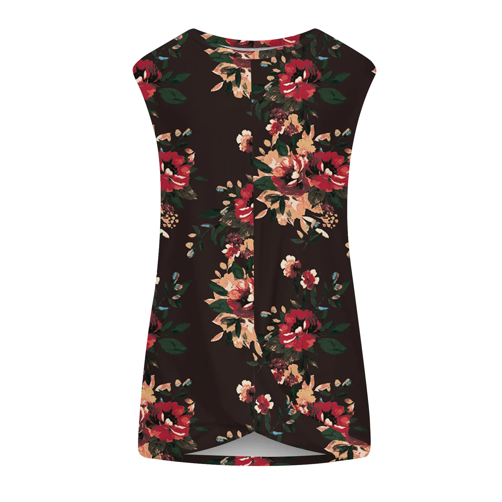 Débardeur sans manches pour femmes, Base noire, imprimé Floral vibrant, col rond, ourlet torsadé, coupe décontractée, mode quotidienne