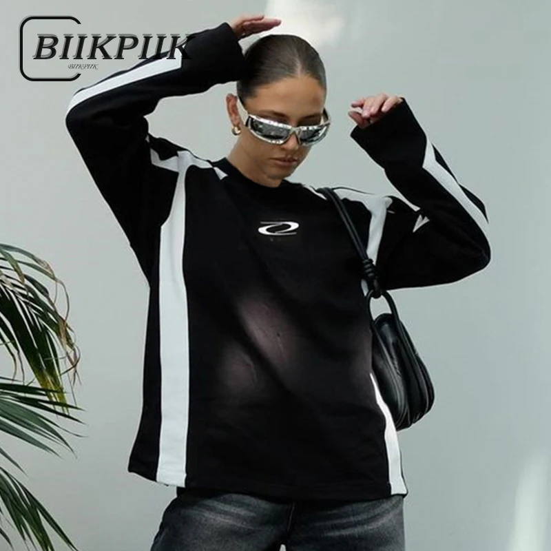 

BIIKPIIK Casual Contrast-color Embroidery Loose Women T-shirts Moto Style Long Sleeve Tee Autumn All-match Female Top Streetwear