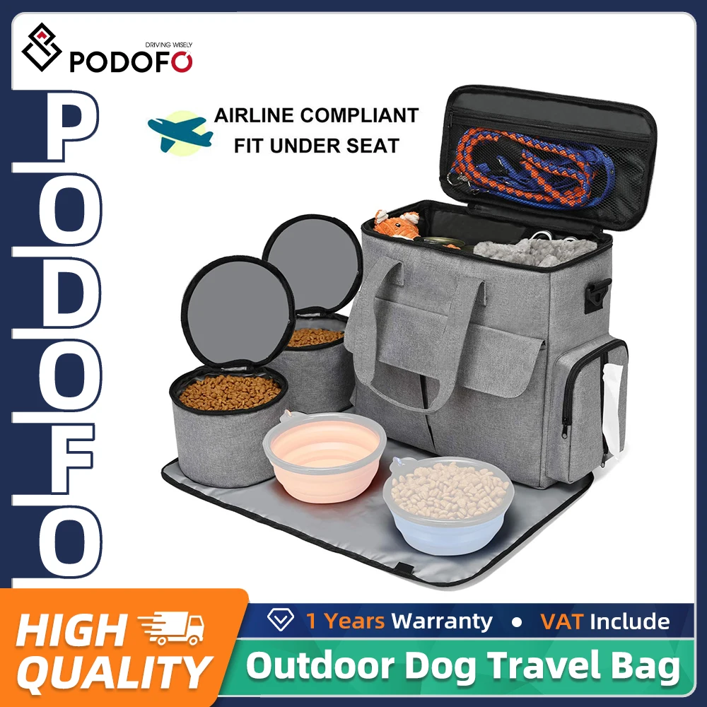Ensemble de voyage pour animaux de compagnie Podofo Weekend pour chien et chat comprenant 1 tapis d'alimentation, 2 bols pliables, 2 contenants de stockage de nourriture avec poches multifonctions, sac de voyage pour chien approuvé par les compagnies aériennes