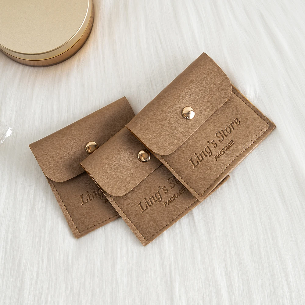 

50/100pcs Personalized Logo 8x8cm Jewelry Leather Snap Bag Fashion Jewellery Packaging Button Pouch Boutique Display Pockets