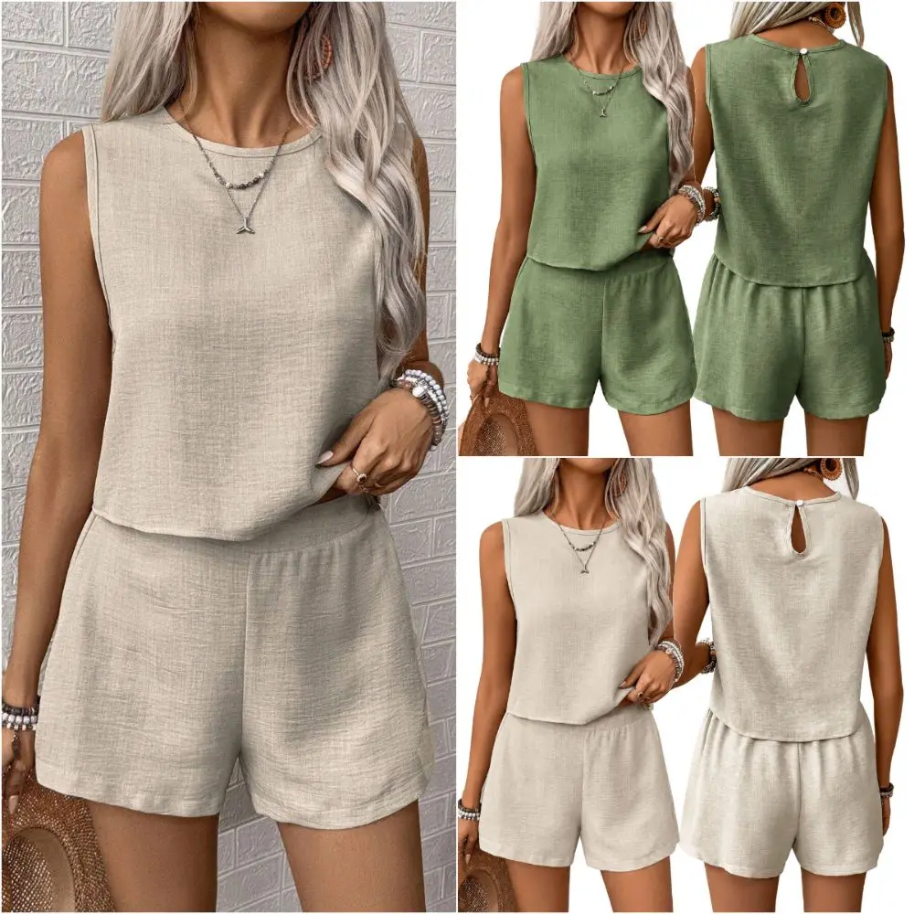 Simple Solid Color Vest Shorts Set Simple Design Multi-size Sleeveless Top Set Casual Outfit Set Casual Wear