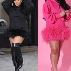 Autumn Winter Hoodie Women's Dresses Fashion Pink Hooded Sweatshirt Dress Pure Craft Color Feather Female Party Dress 2025