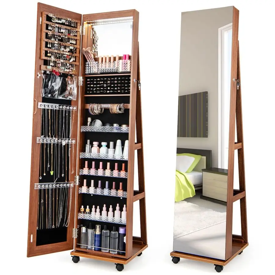 Rotating Jewelry Armoire with Wheels, Lockable Jewelry Organizer W 3Color LED Lights, Adjustable Shelves amp Rear Storage, 64H