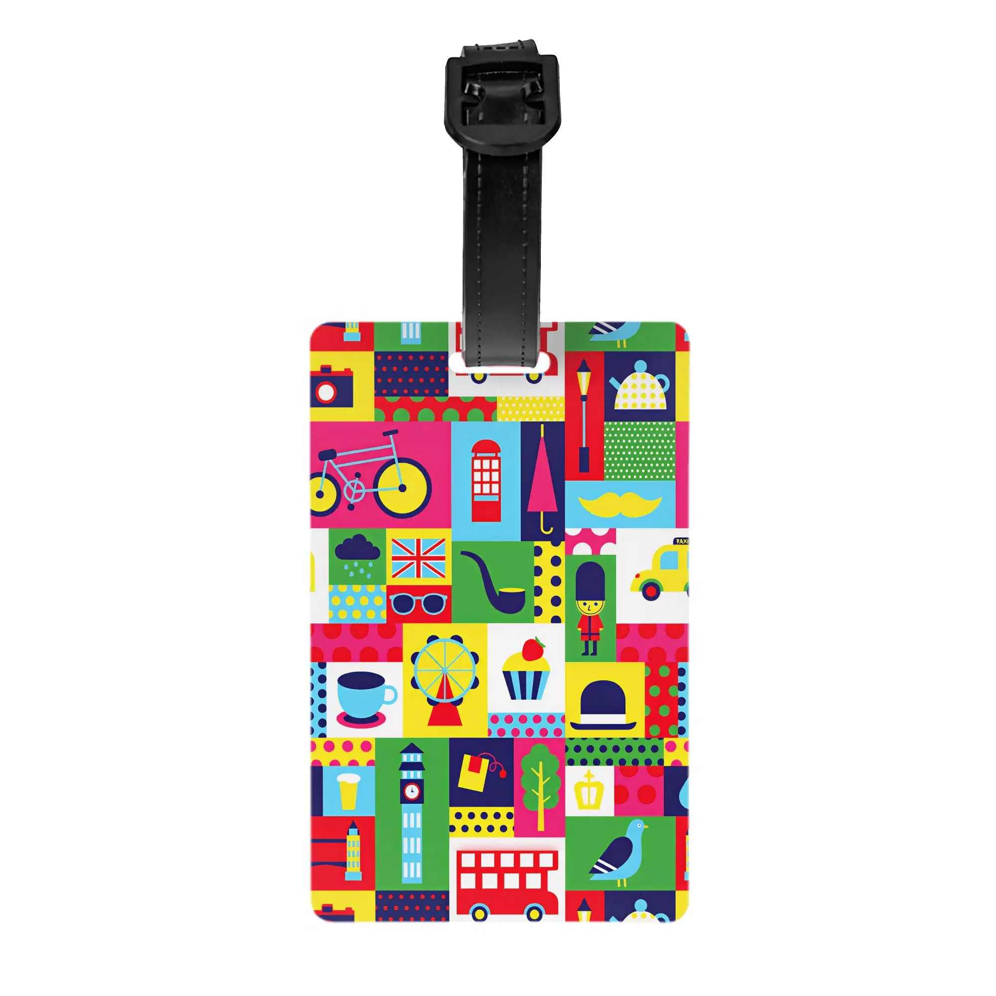 Geometric Bright Pastel London UK Travel Patchwork  Luggage Tag With Name Card  Privacy Cover ID Label for Travel Bag Suitcase