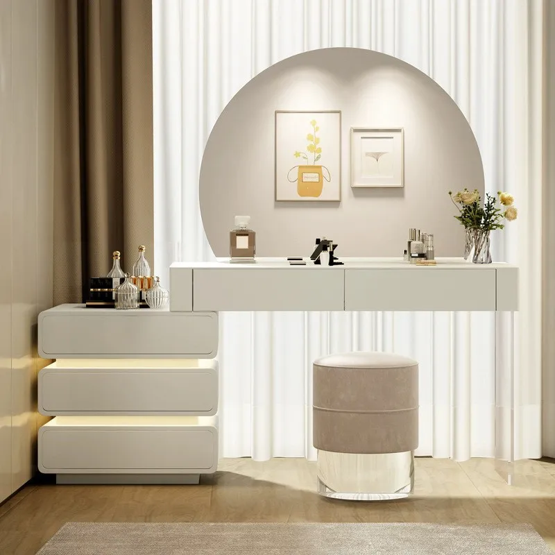 

New light luxury premium dresser cream wind bedroom intelligent large round mirror dressing table bedside table combination can