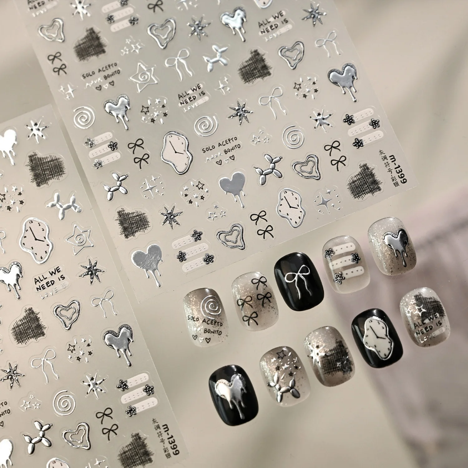 Cool Silver Gray Y2K Symbol 5D Nail Art Stickers Silver Gray Metal Melted Heart Clock Spiral Star Bow Self Adhesive Nail Decals
