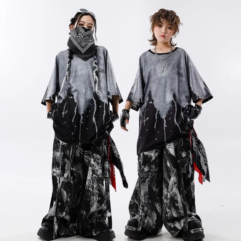 Costume de danse de rue, ensemble Hip Hop, T-Shirt surdimensionné, pantalon Shuffle noir et gris, Costume de scène de spectacle pour enfants, tenue de Jazz 3535