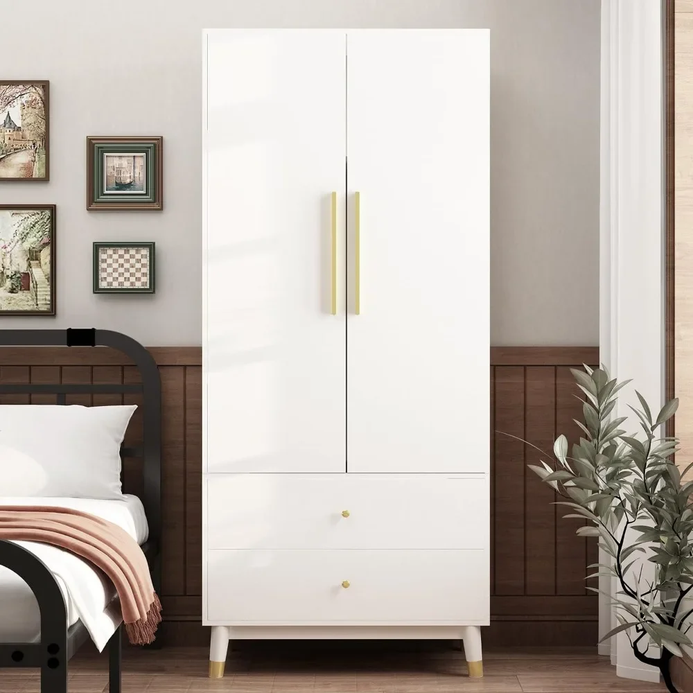 

Wardrobe Armoire Closet with 2 Doors, Wardrobe with 2 Drawers & Hanging Rod, Bedroom Armoire Clothes with Gold Handles, White