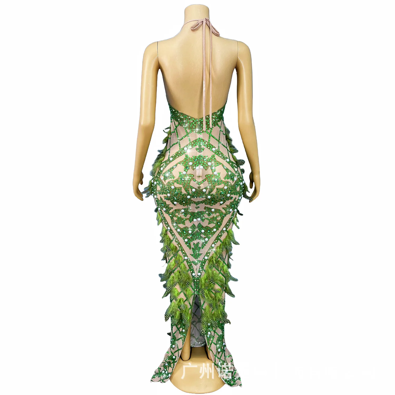 Original Personality Design Deep V Suspender Sexy Halter Feather Peacock Dress Drag Party Model Walk Show Engagement Gala Dress