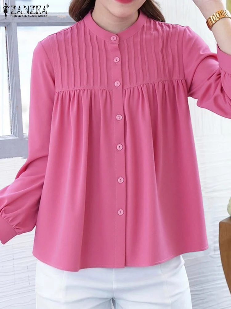 ZANZEA Vintage Blusas Frauen Shirts Solide Plissee Tops Herbst Langarm O Neck Tuniken 2025, Tasten Beiläufige Lose Strickjacken