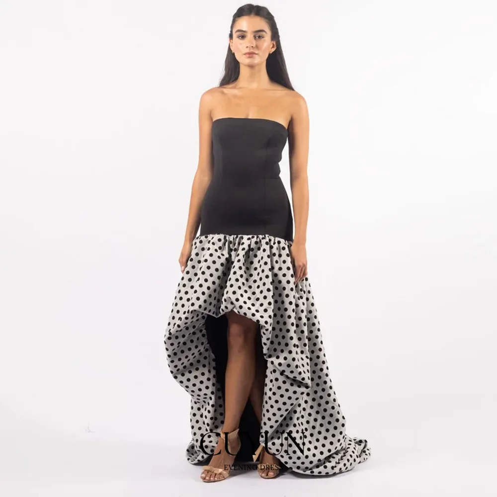 CUYUN Women Dot Printed Prom Dresses Patchwork Hi-Lo Maxi Dress Beach Street Holiday Cocktail Party Dresses Customized