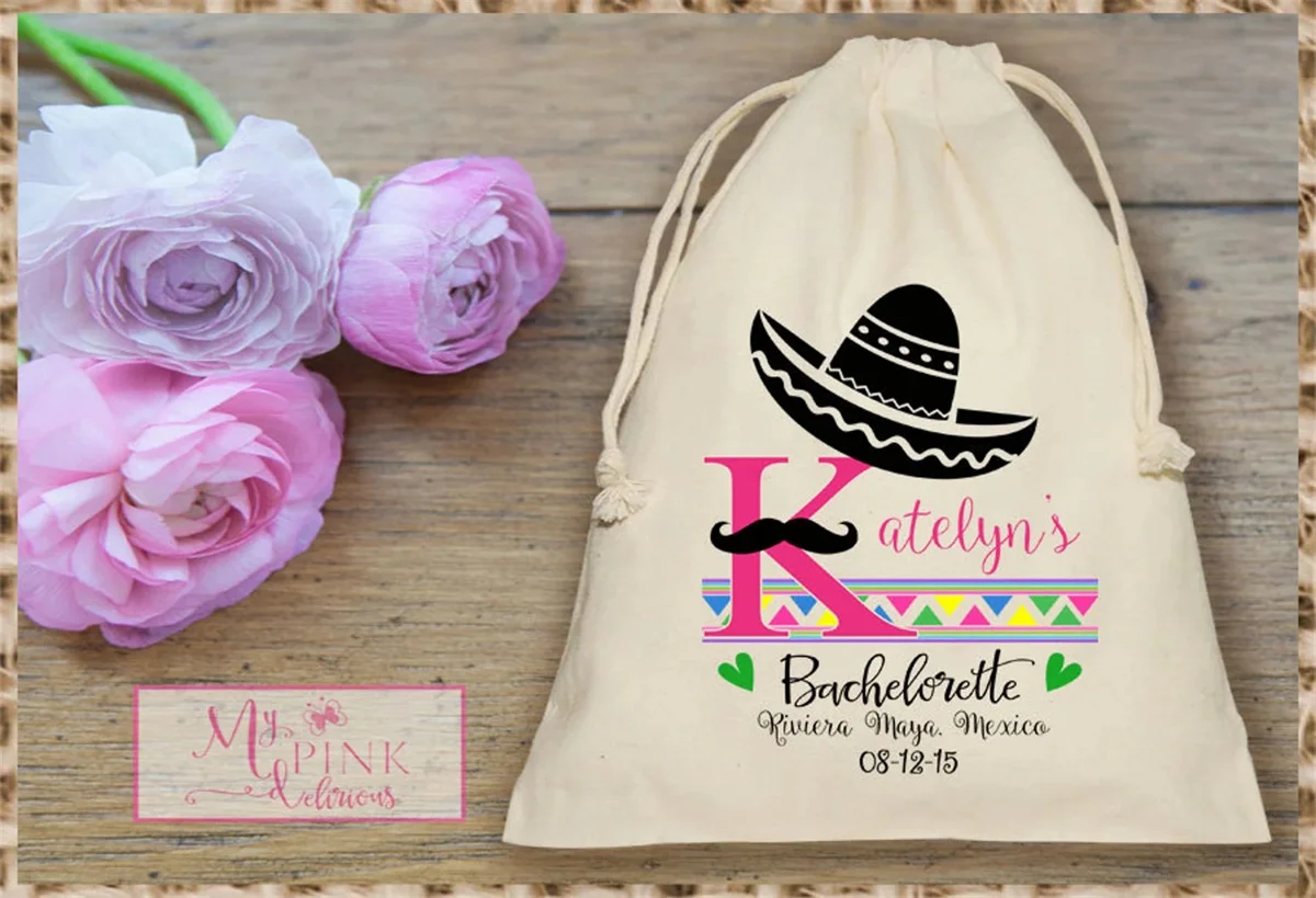 

20 Mexico Destination Bachelorette Party Muslin Bag - Mini Favor bag - Bridal shower bag- recovery kit- Personalized muslin bag