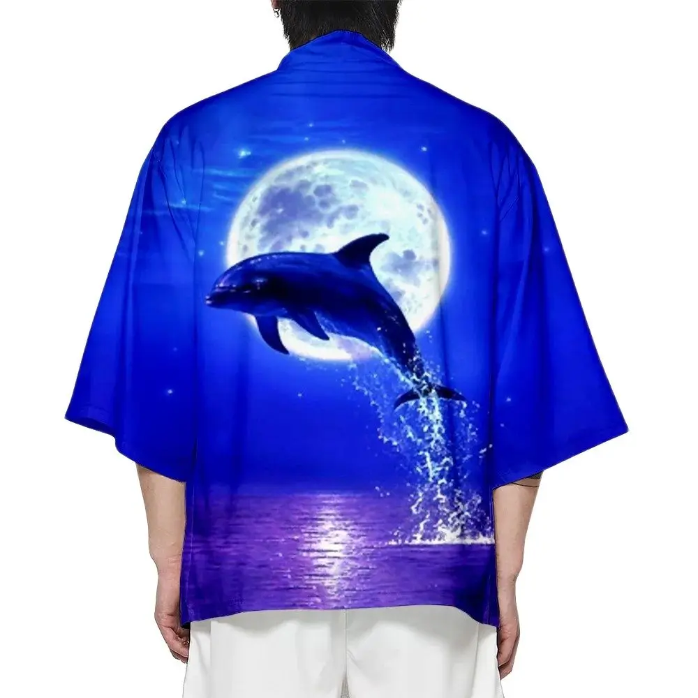 

Summer Samurai Kimono Men Cosplay Cute Dolphin Print Haori Streetwear Kimono Japanese Fashion Yukata Stylish Cardigan Robe