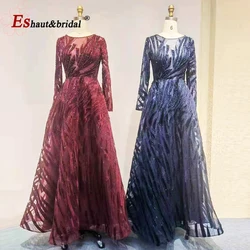 Elegant Crystal Evening Dress for Women 2024 Luxury Aline O Neck Long Sleeves Velvet Formal Prom Wedding Party Gown Customized