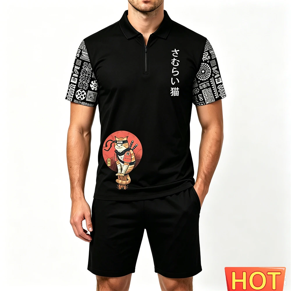 Summer Men's Sets Fashion Zip Short Sleeve Polo Shirt and Shorts 2 Piece Japan Samurai Cat Pattern Man Outfit Casual Loose Suit