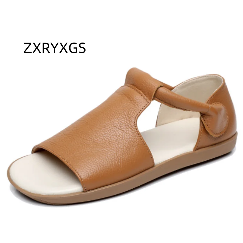 ZXRYXGS Top Cowhide Fish Mouth Sandals 2025 New Summer Women Real Leather Sandals Flat Soft Sole Comfortable Casual Sandals