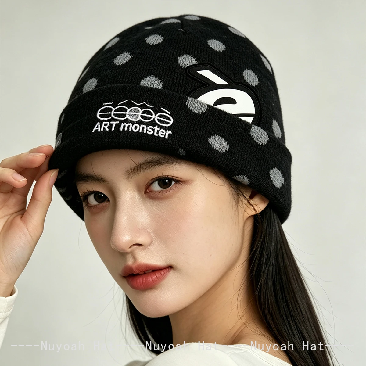 New Men Women Polka Dot Letter Love Embroidery Button Knitted Hats Warm Personal Versatile Korean Beanies Niche Fashion Retro 4
