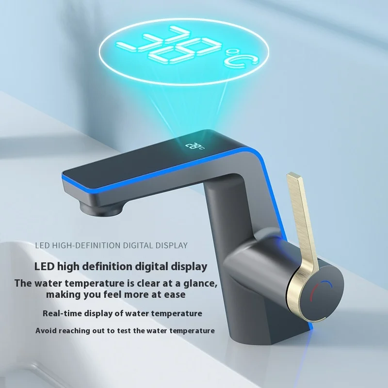 Keran Wastafel Kamar Mandi Tampilan Digital - Abu-abu, Air Panas Dingin, Di Bawah Pemasangan, Lubang Tunggal, Keran Rias dengan Indikator Suhu