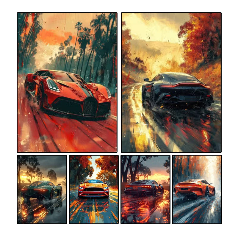 

Landscape Canvas Painting Red Modern Sports Car Art Posters Mural Pictures Living Room Bedroom Wall Home Aesthetic Decor Cuadros