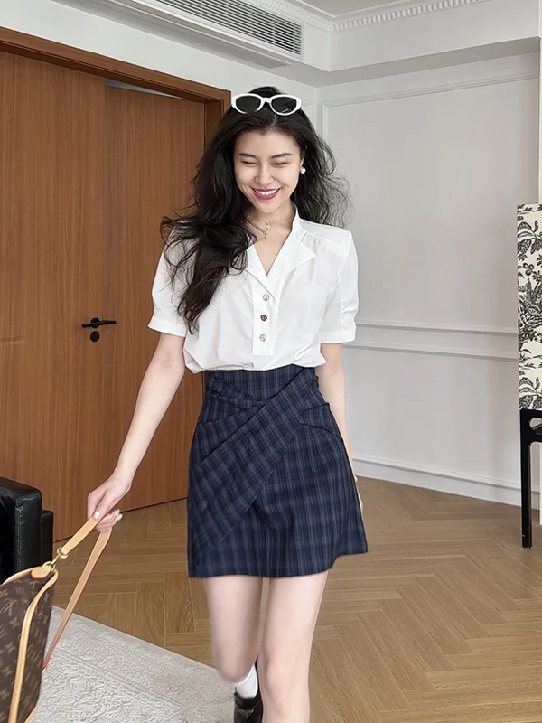 

Zhang a Xing Vintage Plaid Skirt And White irt Two-Piece Set Profional Aosphere Commute Faion Women's Ensemble