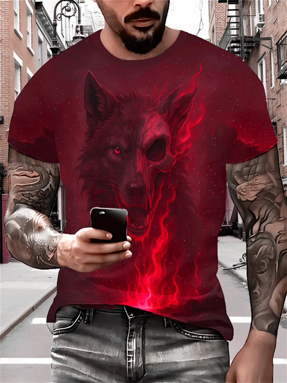 

Fashion Horror Wolf Pattern Men's T-Shirts Summer Short Sleeve 3D Print Street Terror Hip Hop Male Tee 6XL Plus Size Casual Tops