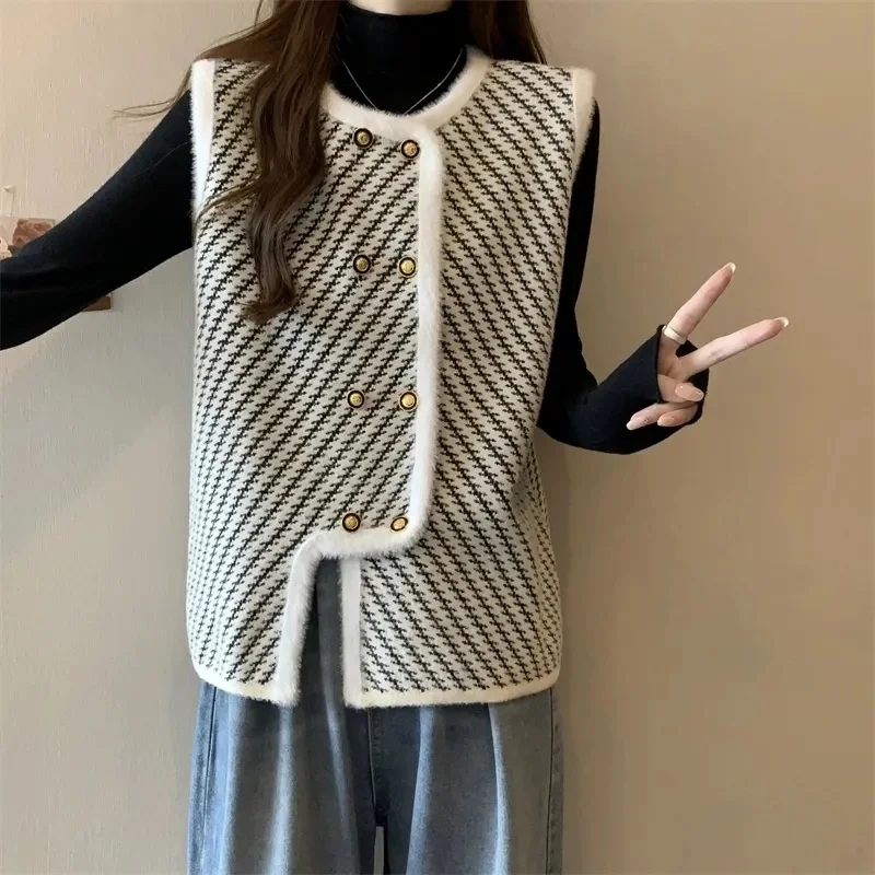 

Imitation Mink Velvet knitted Vest Women Double Breasted Waistcoatt Jacket For Females Autumn Winter Fashion Knitted Sweater