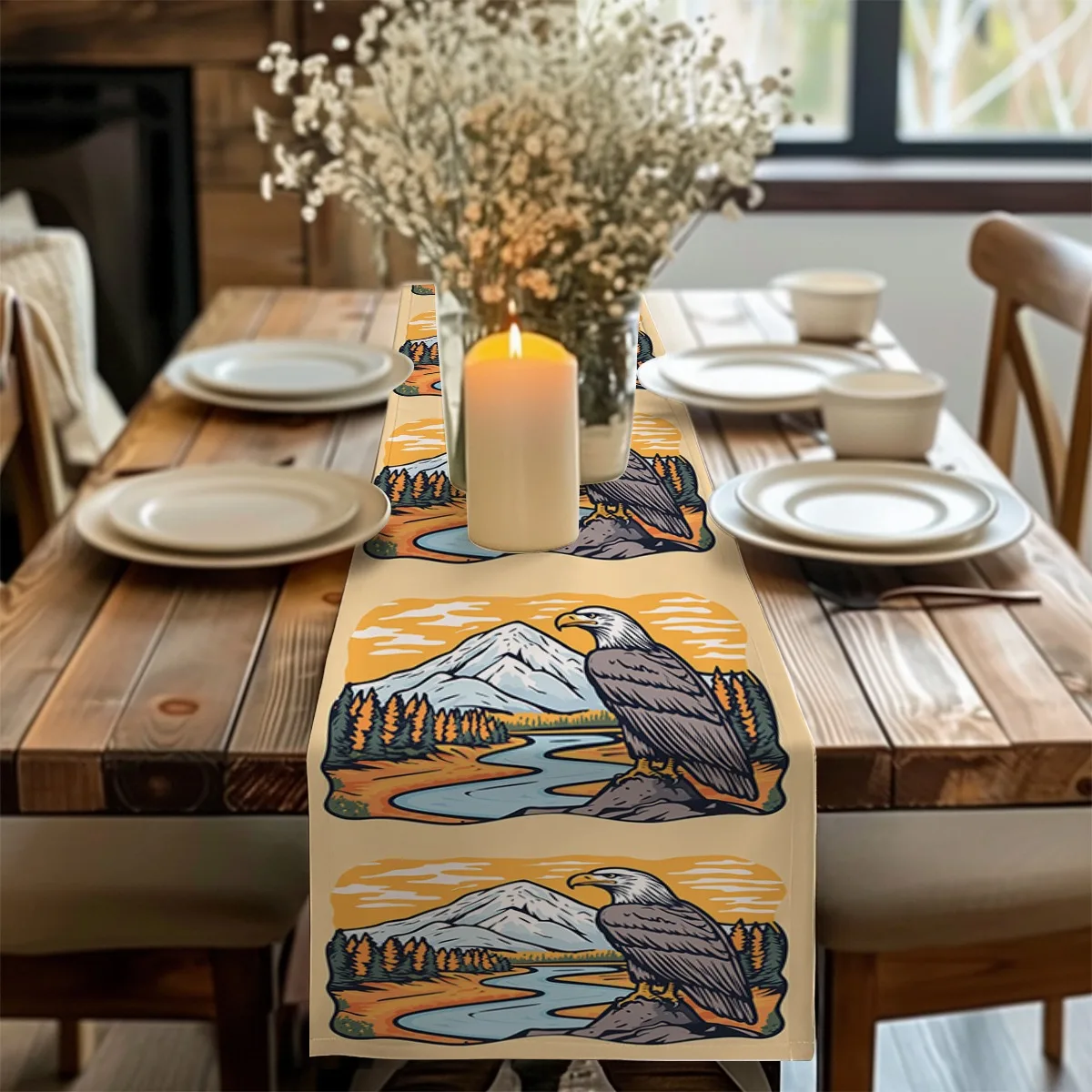 print table runner Eagle Mountain River Landscape Vintage Style Table Flag for Kitchen, Dining Room, Outdoor Garden Parties Poly