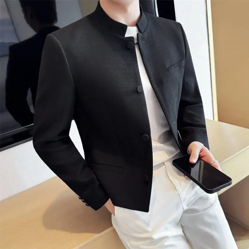 

Slim Fit Men's Jaet Stand Collar ort Sle Polyester Fiber Anti-Wrinkle Faion Urban Youth Autumn Season Button Closure