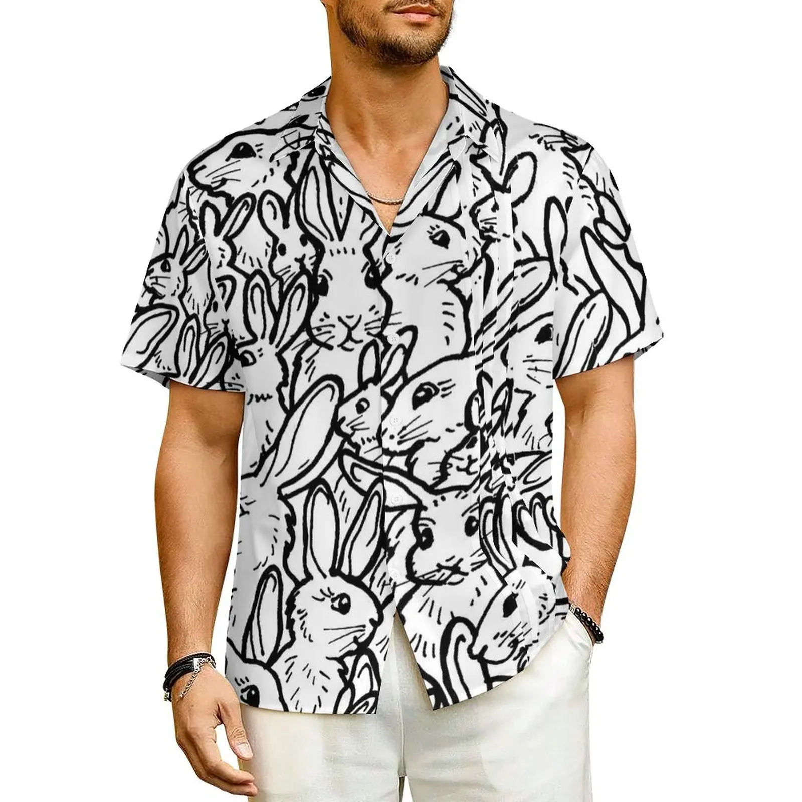 

Hawaiian Shirt Beach Rabbit Bunny Blouses Black White Minimal Cool Casual Shirts Men Short-Sleeve Y2K Fashion Oversized Clothes