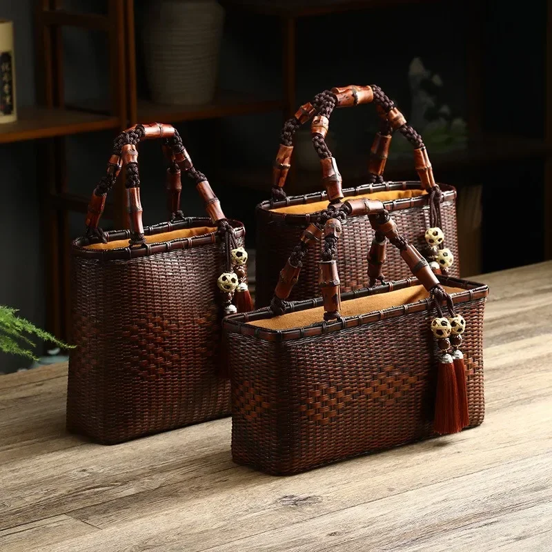 

Japanese Style Retro Bamboo Woven Bag High Quality Handmade Handbag Women Bamboo Carrying Bag Kung Fu Tea Set Storage Basket