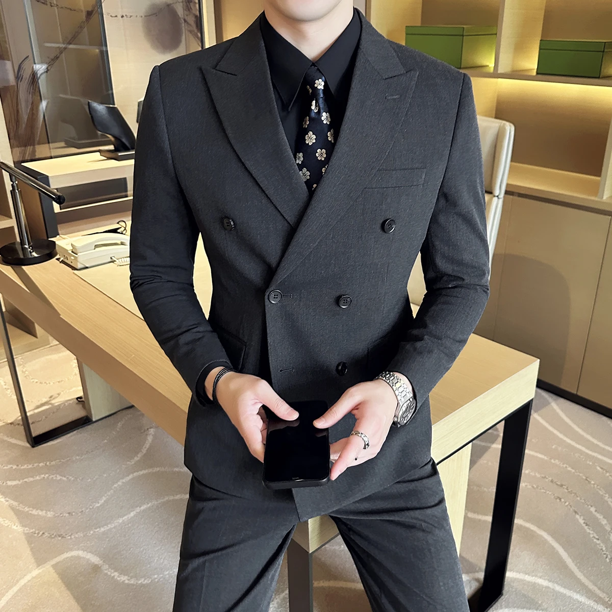 

M-6XL Blazer Vest Pants High -end Brand Gray Black Men's Casual Business Double -breasted Suit Groom's Wedding Slim Men's Suit