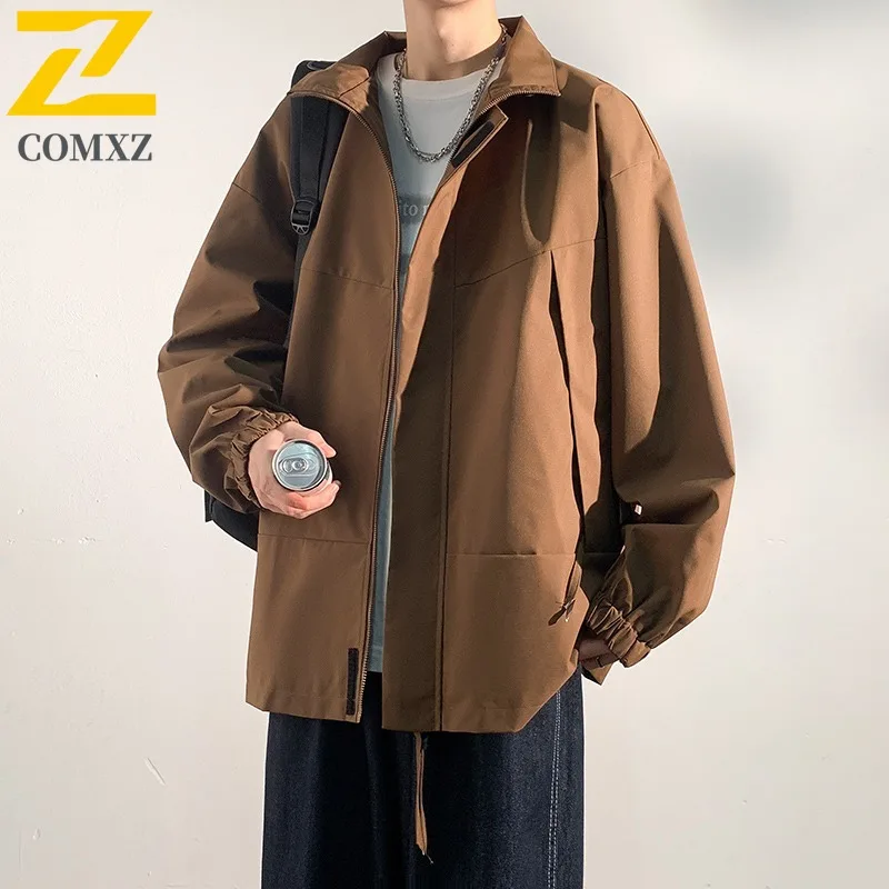 COMXZ 2025 Mens American Streetwear Stand Collar Workwear Jacket Casual Coat