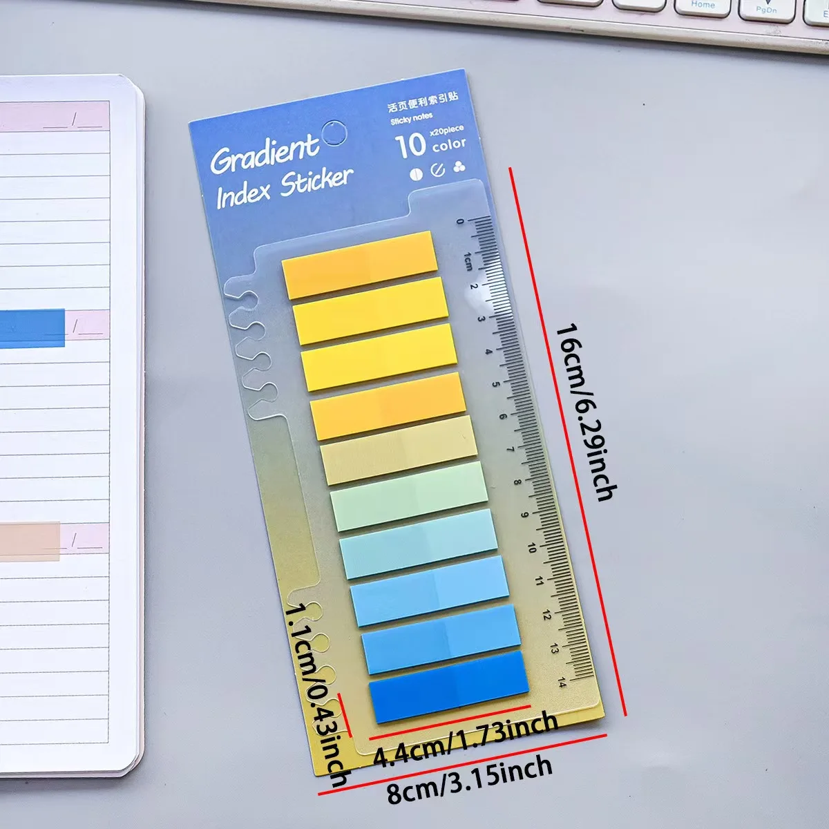 Gradient Color Index Sticky Notes with Built-in Ruler, Clear Self-Adhesive Page Tabs, Aesthetic Sticky Notes for Reading, Study