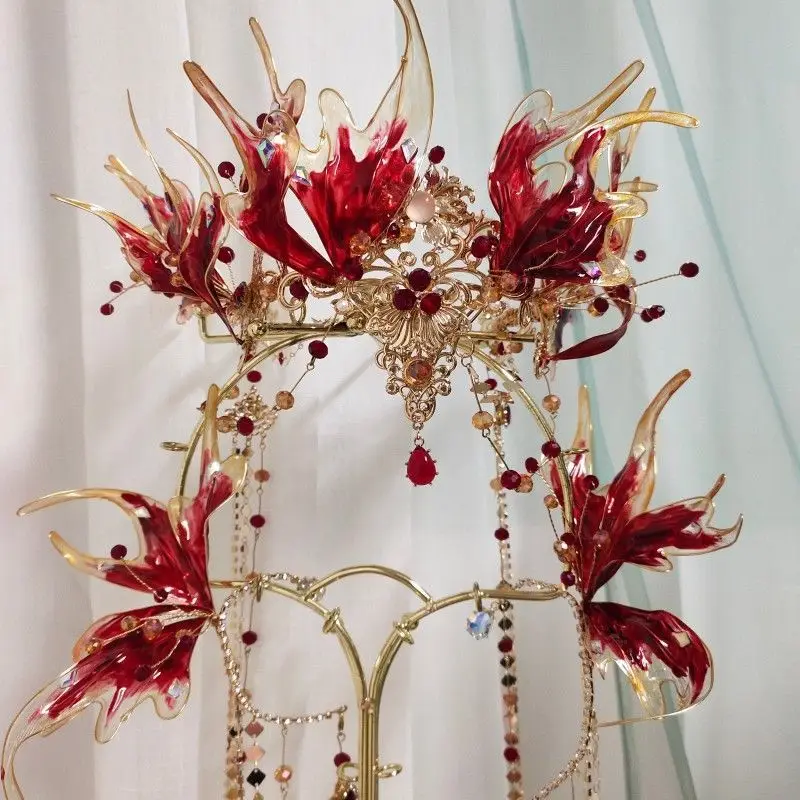 2026 Mermaid Hair Crown Hair Accessories Tassel Ear Hanging Hanfu Mermaid High Value Hair Accessories Set Super Fairy Red Crown