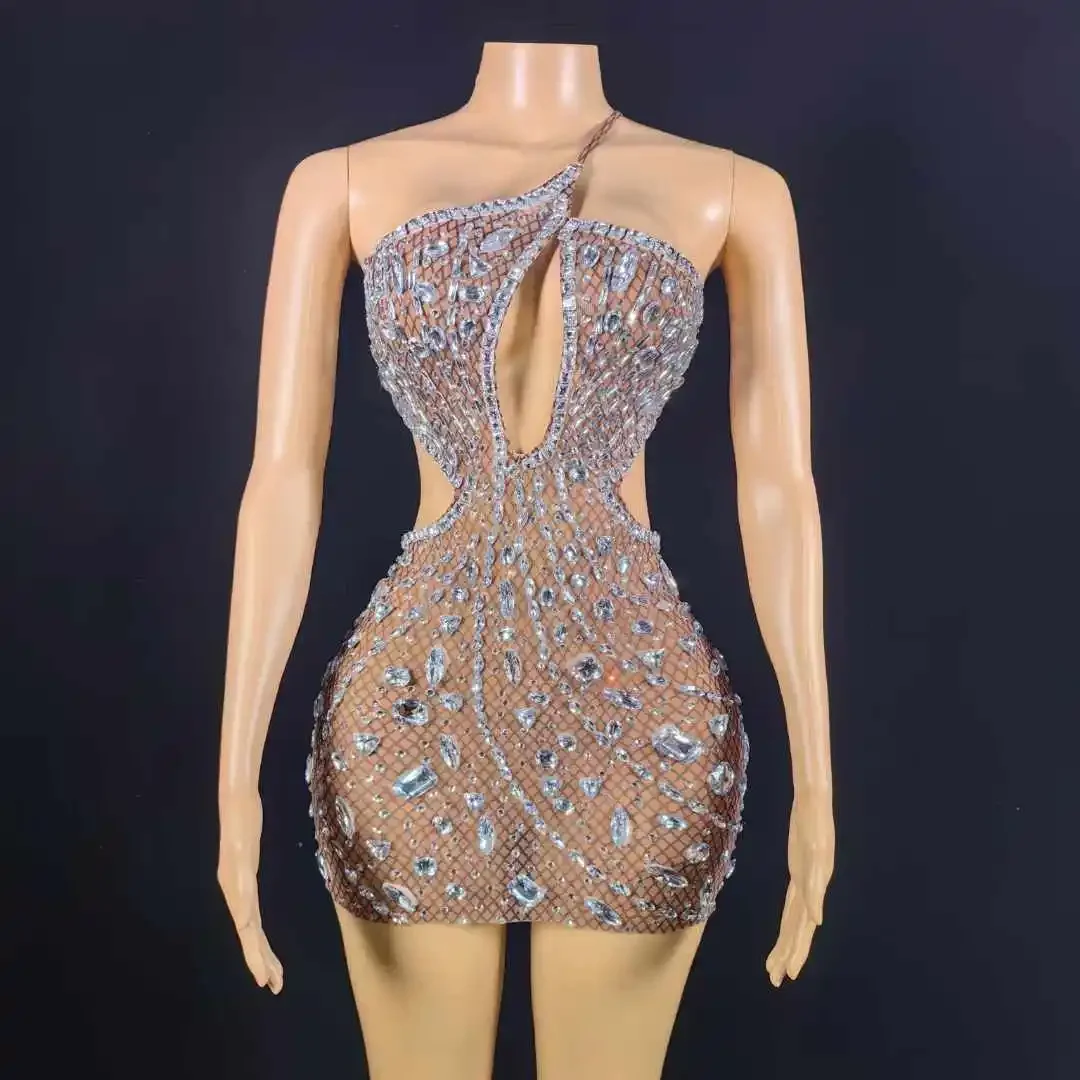 

Prom Night Clubwear 2025 Women Shinning Rhinestones Sexy Halter Dress Evening Party Performance Costume