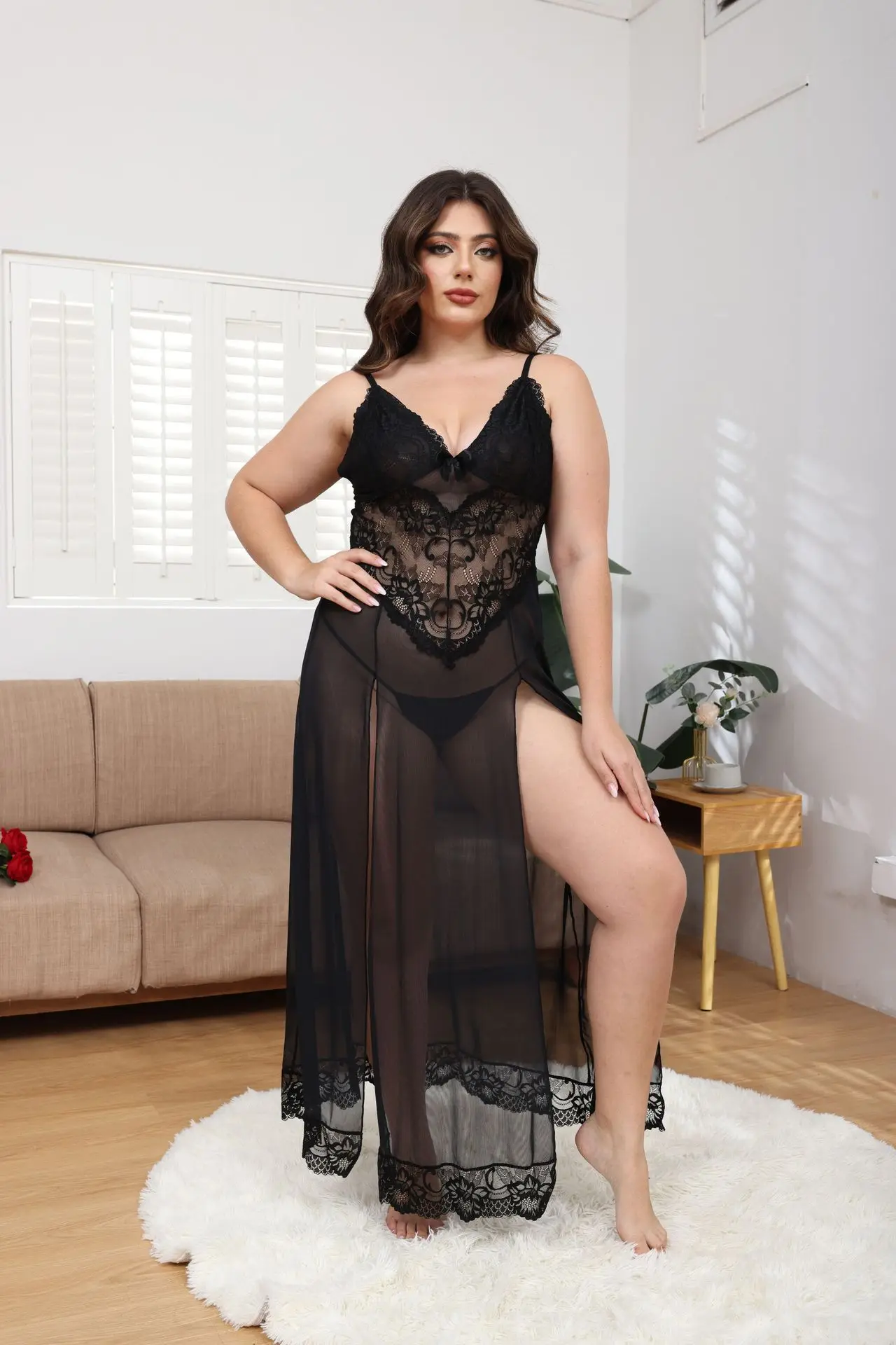 Women Plus‑Size Red Lace Long Sleep Dress V‑Neck Bow‑Decorated Spaghetti‑Strap Nightgown High‑Slit Sheer Mesh Loungewear 3Y44 view 6
