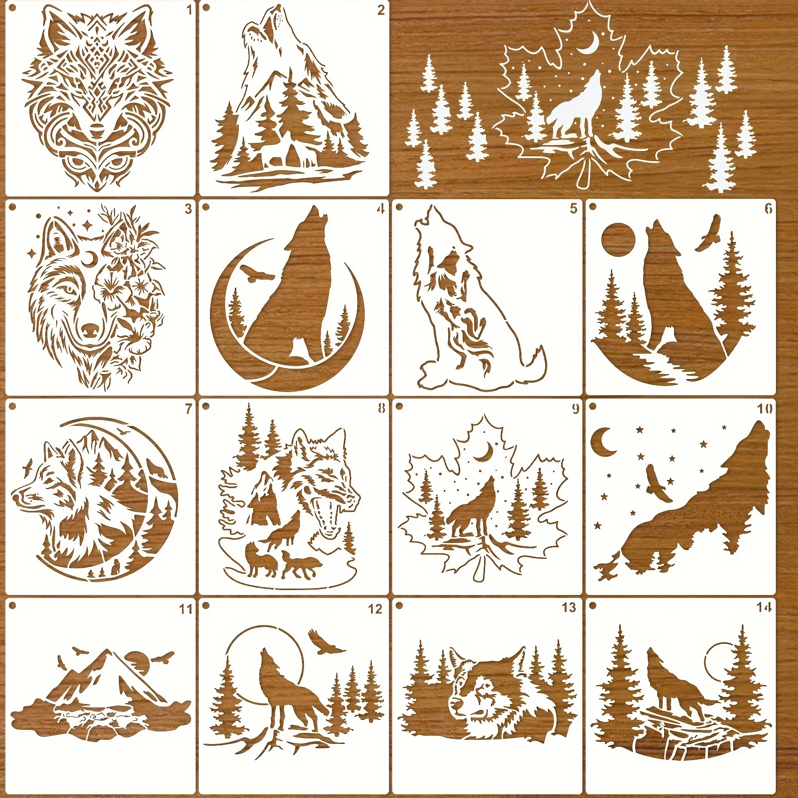 14 Peças de Moldes de Lobo Uivando para Artesanato, Moldes para Pintura em Pedras, Moldes Plásticos Reutilizáveis para Pintura em Paredes, Azulejos, Camisetas e Telas