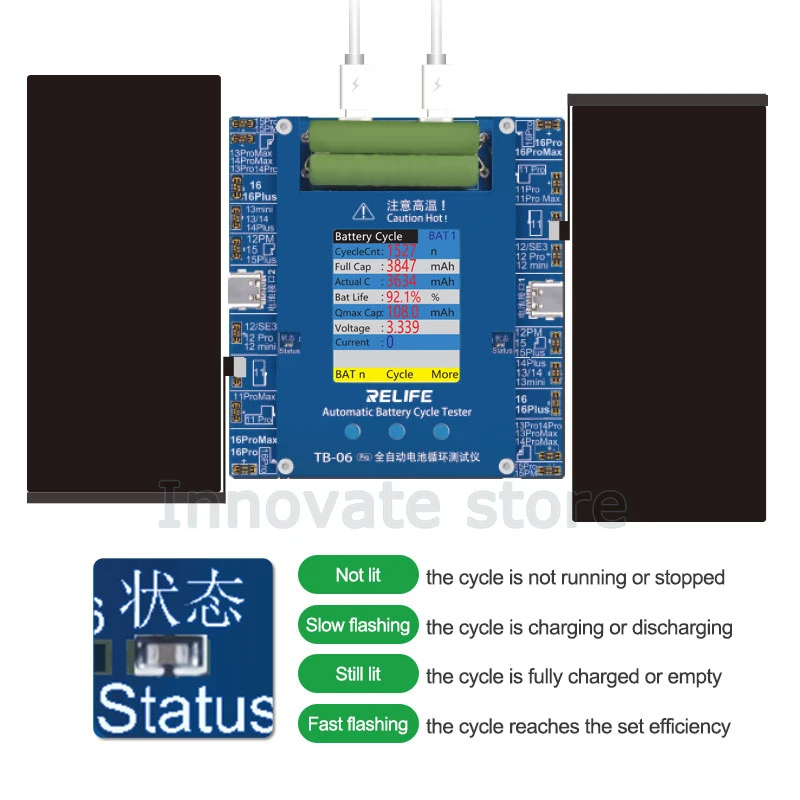 Relife TB-06 pro testador de ciclo de bateria totalmente automático suporte ip 16 pm 15 14 13 12 11pro max canal duplo reparo de um clique