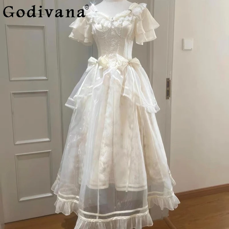 

Short Sleeve Lolita Princess Dress for Female Lace Long Slim Fit Puffy Birthday Dress Women's Summer Party White Dress